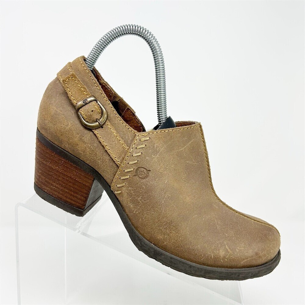 Born Womens Western Brown Ankle Booties Block Heel Side Zip Buckle Strap Size 9